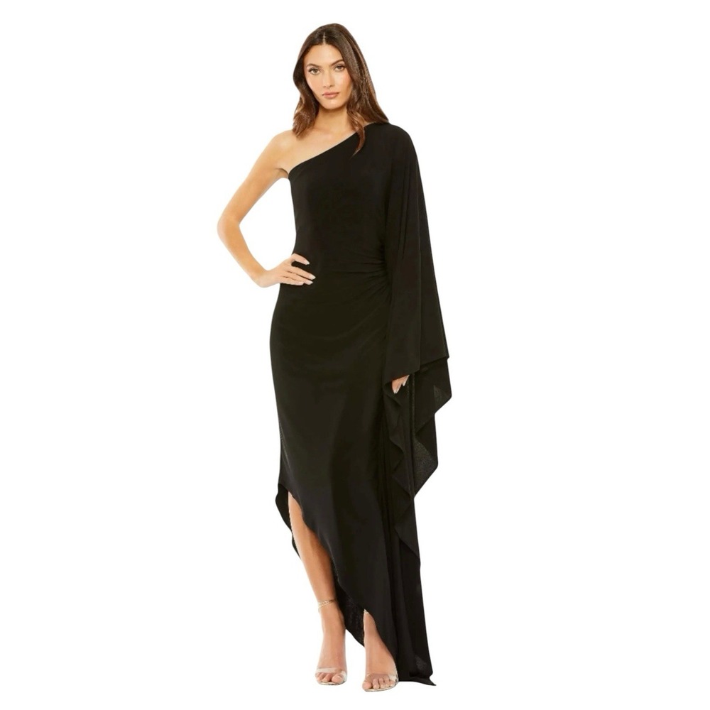 Mac Duggal 20673 Black One Shoulder Cape Sleeve Jersey Gown‎ Size L $398